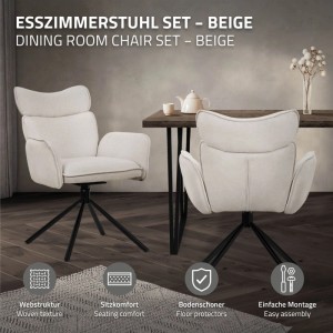 Beige drehbare Esszimmerstühle (4er Set) mit Stoffbezug, schwarzem Metallgestell. Modernes Design für Esszimmer.