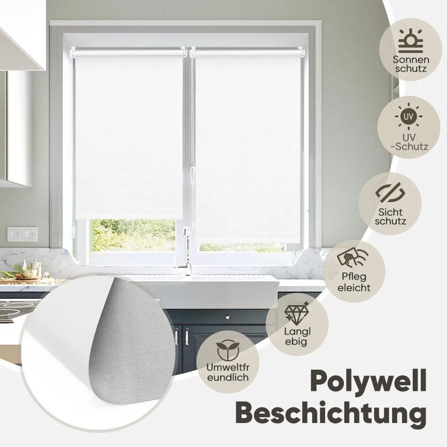 Weißes Sekey Seitenzugrollo 55x130cm, blickdicht, am Küchenfenster montiert. Bietet Sonnen-, UV- und Sichtschutz.