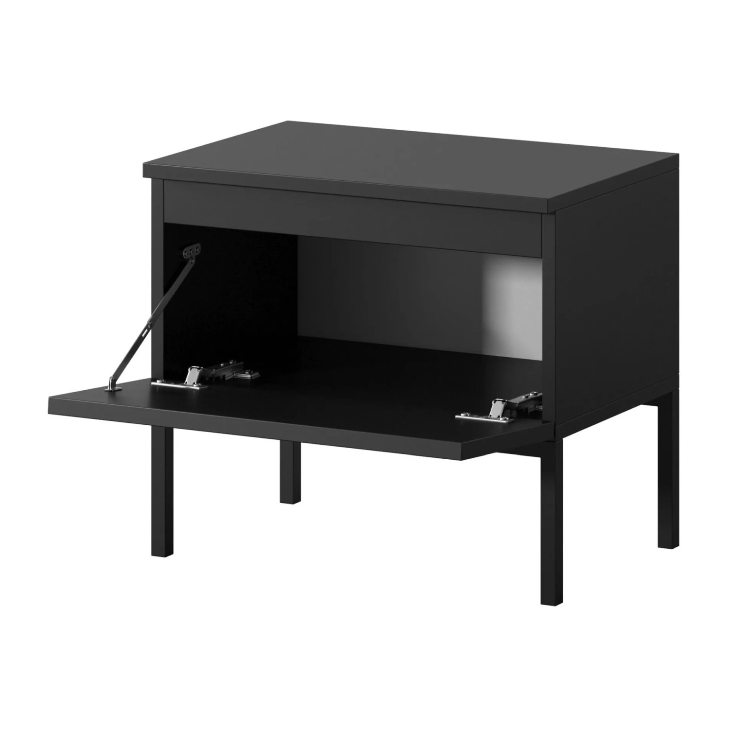 Selsey Nachttisch Bemmi Schwarz, 49 cm breit, mit offener Klapptür und mattem Finish auf schlanken Stahlfüßen.