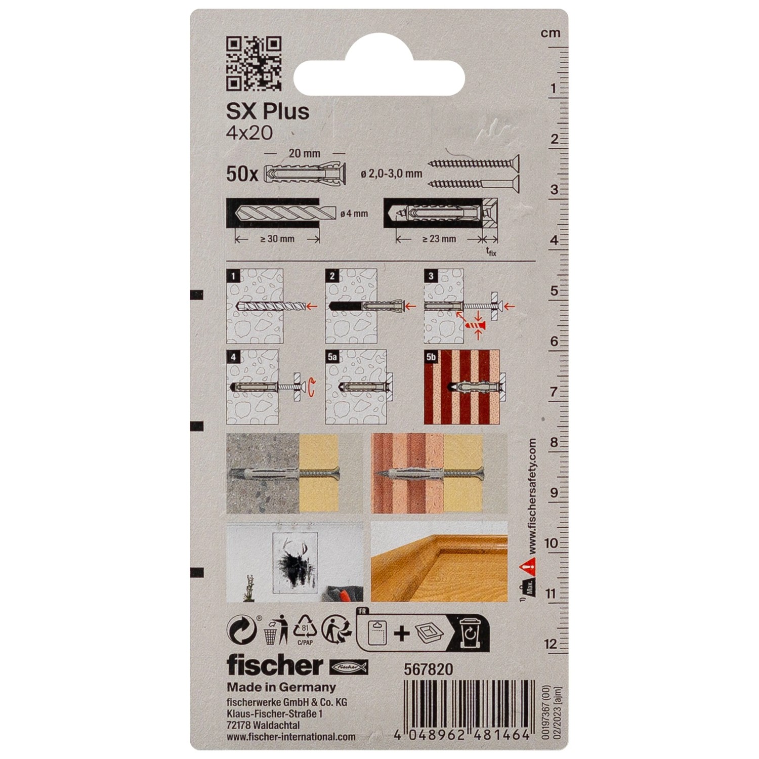 fischer Spreizdübel SX Plus 4x20, 50 Stück, Produktdetails und Anwendungshinweise auf der Verpackung.