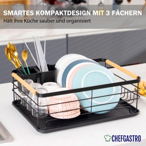 CHEFGASTRO Abtropfgestell Geschirr 14x42x30cm Stahl/Holz Mit Besteckhalter & Abtropfbrett Geschirrabtropfgestell Abtropfständer Spül Abtropfgitter