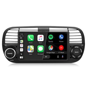 Junsun Autoradio für FIAT 500 mit 7-Zoll-Touchscreen, zeigt CarPlay/Android Auto Apps, Bluetooth, GPS.