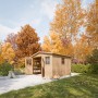 Timbela Holz-Gartenhaus M335, 9 m², mit Fenster, ohne Boden. Gartenhaus im Herbstgarten mit geöffneter Tür.