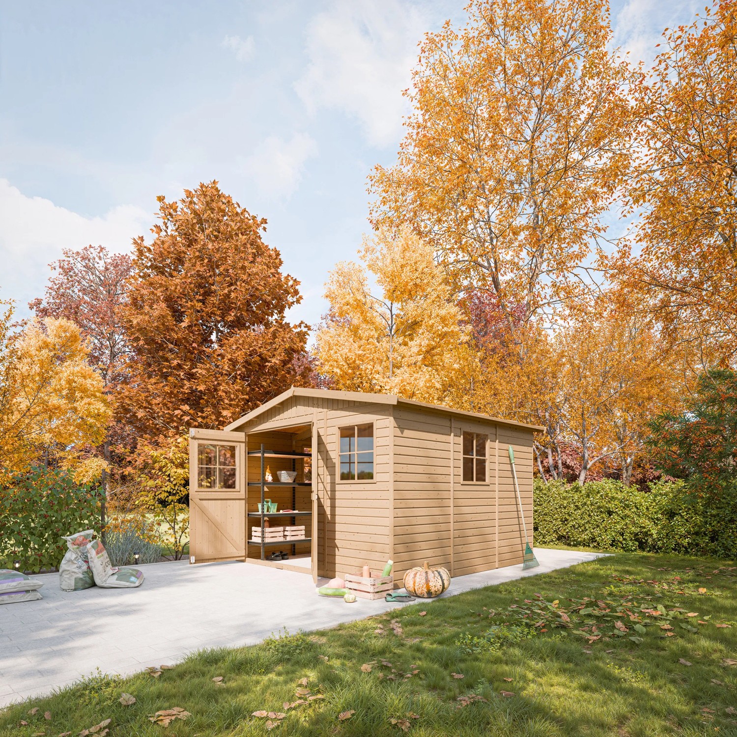 Timbela Holz-Gartenhaus M335, 9 m², mit Fenster, ohne Boden. Gartenhaus im Herbstgarten mit geöffneter Tür.