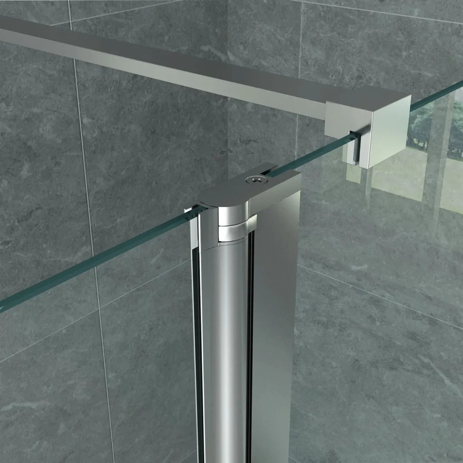 Detailaufnahme Belvit Duschwand: 8mm Glas, Alu-Rahmen mit Nano-Beschichtung.