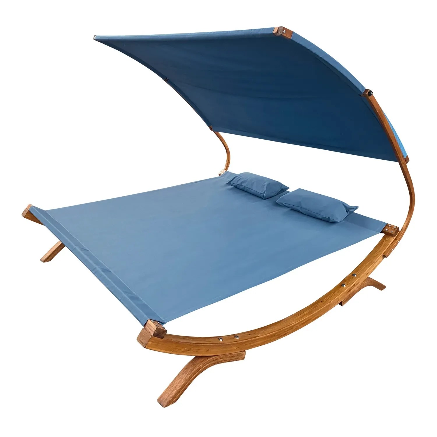 Blaue Doppelliege Mallorca mit Sonnendach aus Holz, inklusive Kissen. Ideal für den Garten.