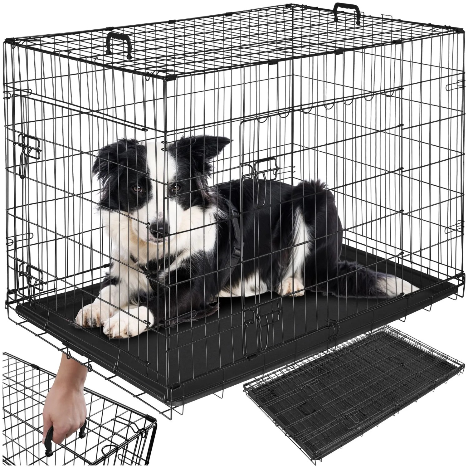 Tectake Hundekäfig Gitterbox Luna Klappbar  Mit 2 Tragegriffen Robuste Stahlgitter  108 x 71 x 76 cm Schwarz