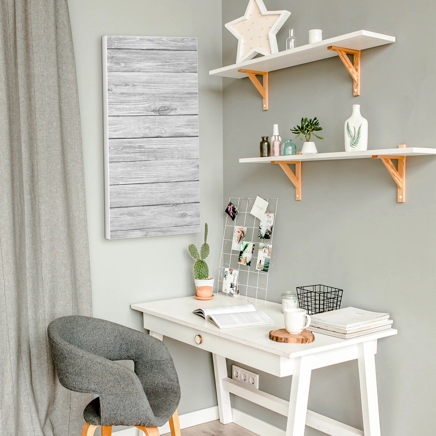 Banjado Magnettafel 37x78cm, weiße Magnetwand mit Holz-Motiv, inkl. 4 Magnete.