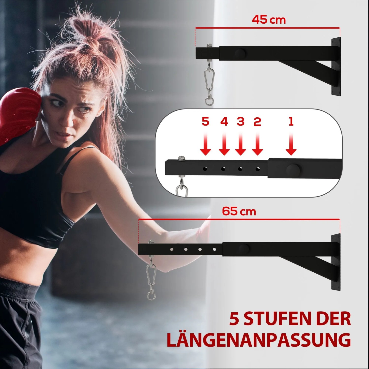 Schwarze Stahl SPORTNOW Boxsack Wandhalterung mit 5-Stufen Längenanpassung (45-65cm).