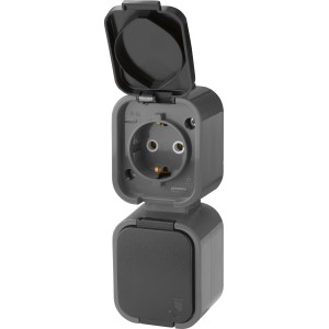 2-fach Schuko-Steckdose, IP54, für Innen- und Außenbereich, mit Klappdeckel.