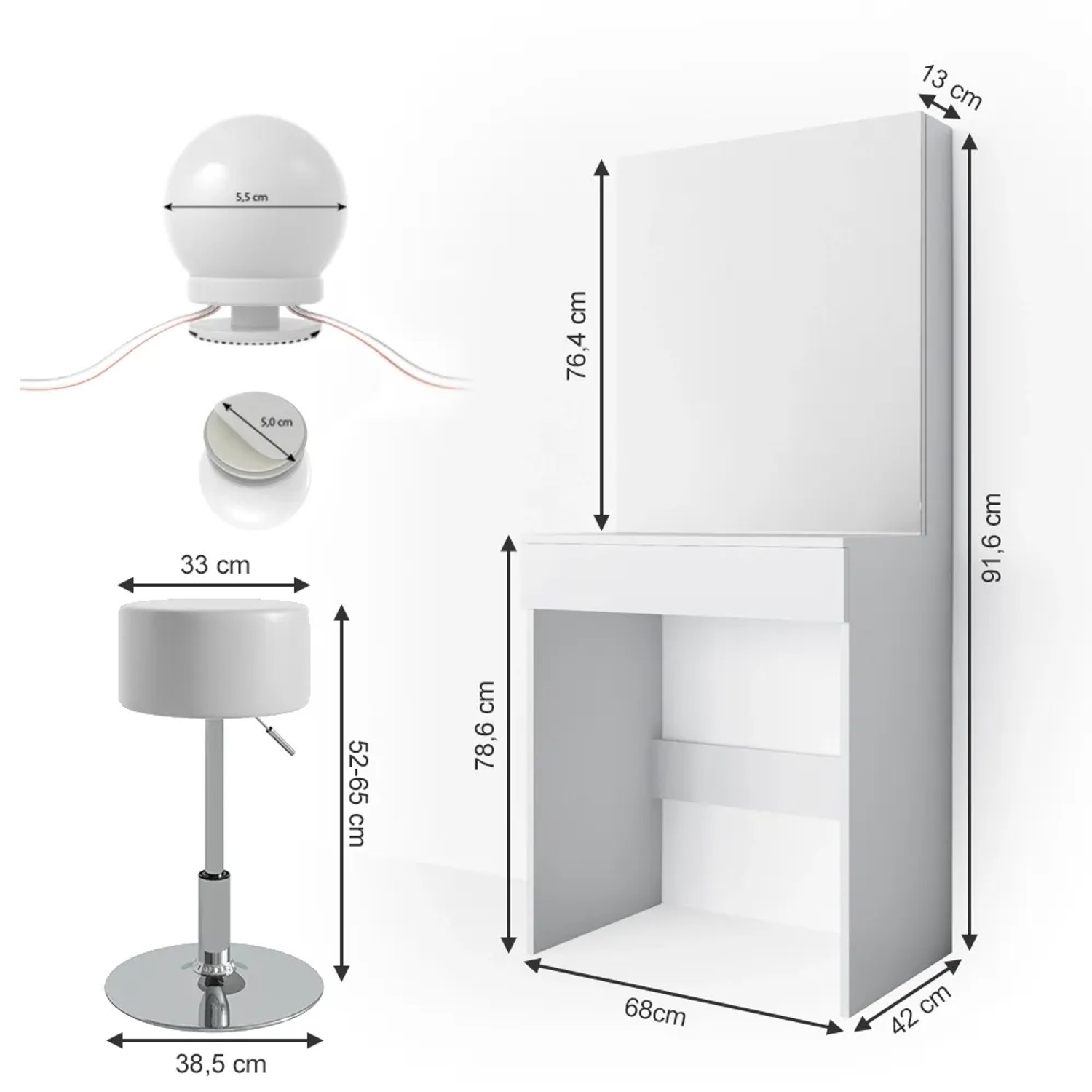 Vicco Schminktisch Melle weiß mit LED und Hocker, Maße eingezeichnet.