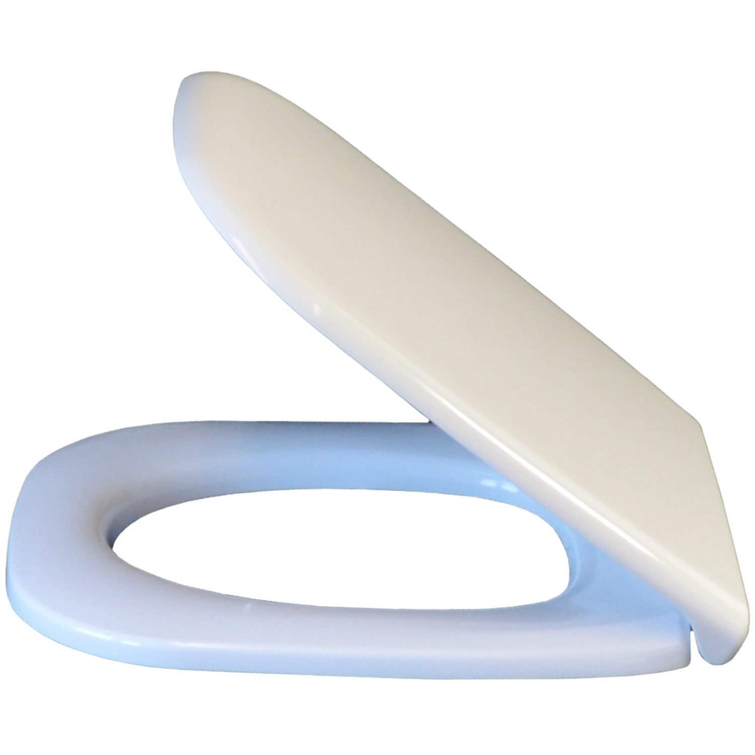 Duravit WC-Sitz D-Code in Weiß mit Edelstahlscharnieren, geöffnet.