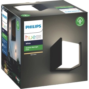 Verpackung der Philips Hue White Fuzo LED-Wandleuchte, quadratischer Block für den Außenbereich.