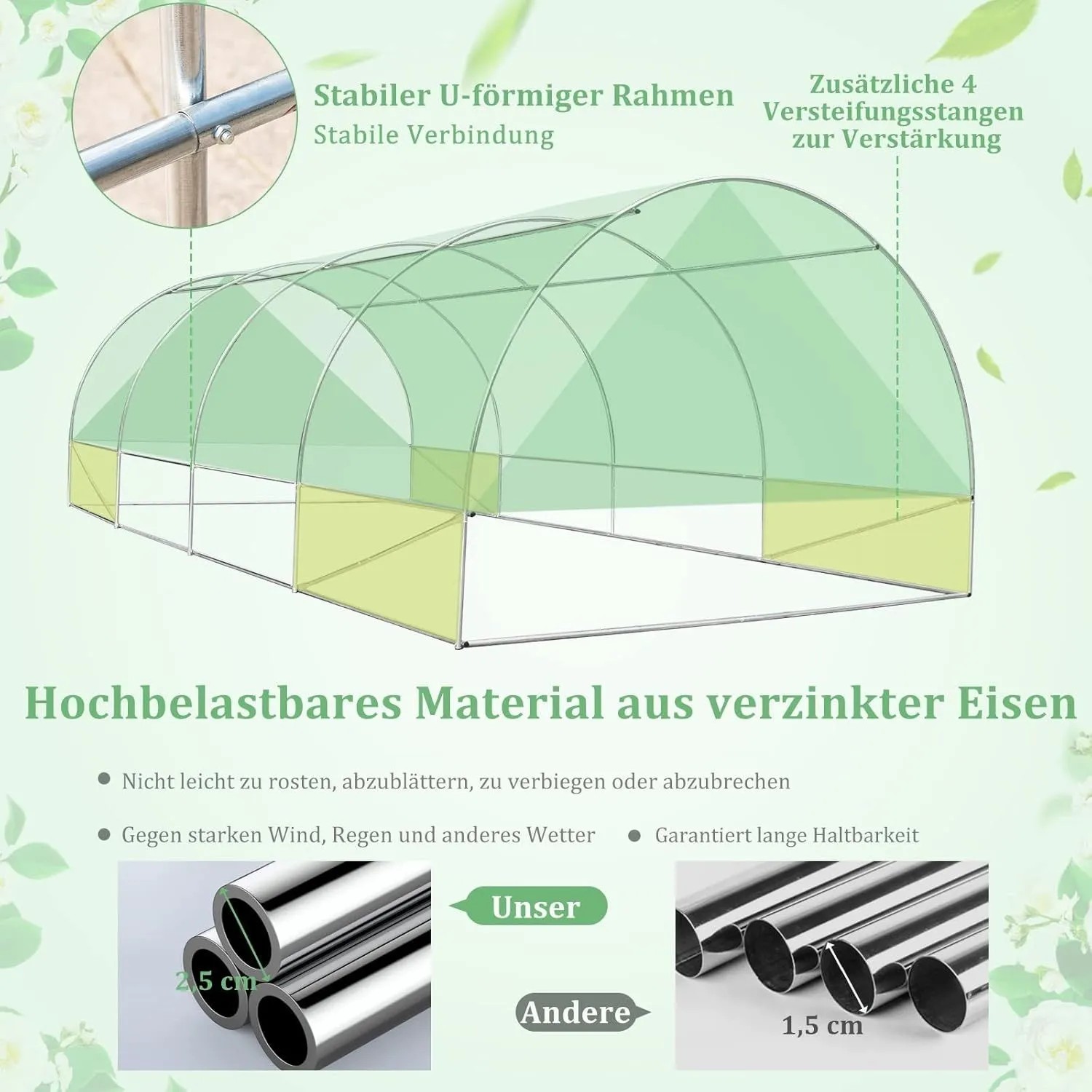 Costway Foliengewächshaus Metallgestell 6x3x2m Grün_3