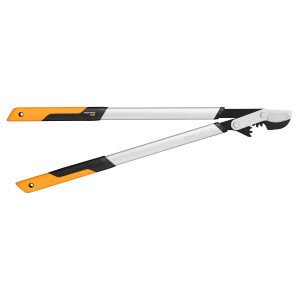 Fiskars PowerGear LX98-L Getriebeastschere mit Bypass-Klinge, Aluminiumhebel und orange-schwarzem Griff.
