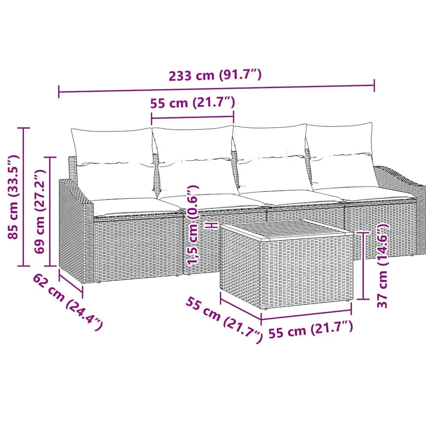 vidaXL Garten-Sofa-Set, 5-teilig, schwarz, Poly Rattan, mit Maßangaben.