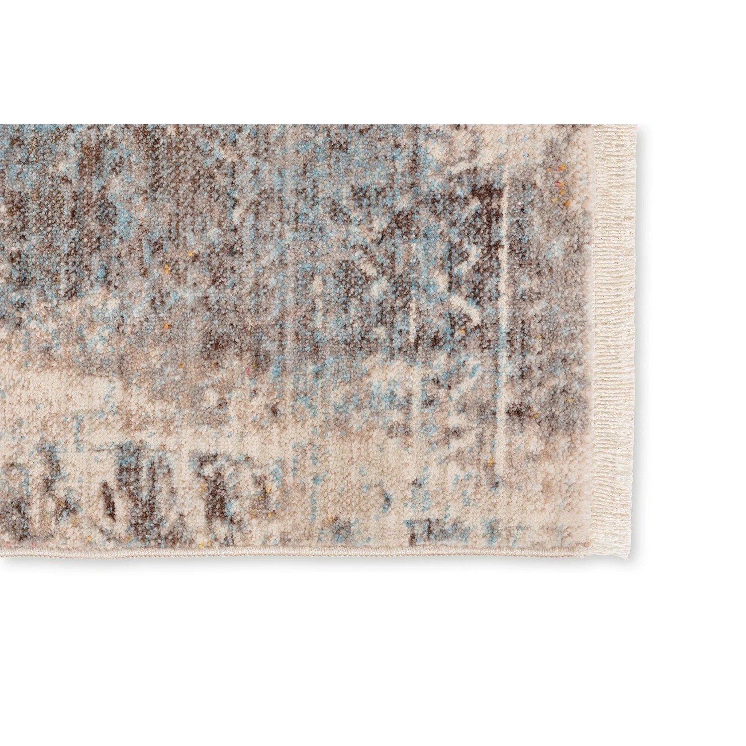 Detailansicht des blauen Schöner Wohnen Teppichs Mystik (133x185 cm) mit Fransen.