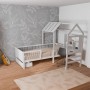 Weißes Juskys Kinderbett Yari 90x200 cm mit integriertem Schreibtisch und Schublade.
