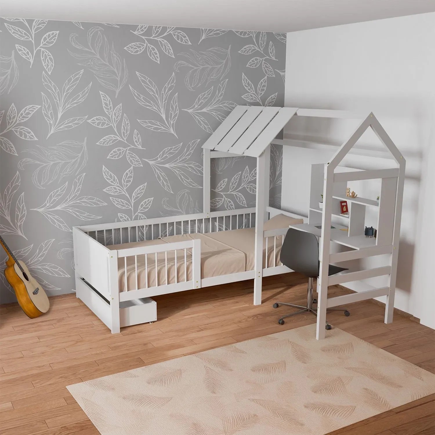 Weißes Juskys Kinderbett Yari 90x200 cm mit integriertem Schreibtisch und Schublade.