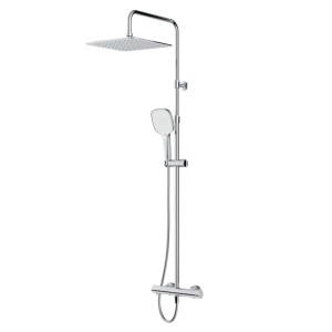 Modernes Chrom Duschsystem mit quadratischer Regendusche, Handbrause und Thermostat. Brauseset aus Messing.