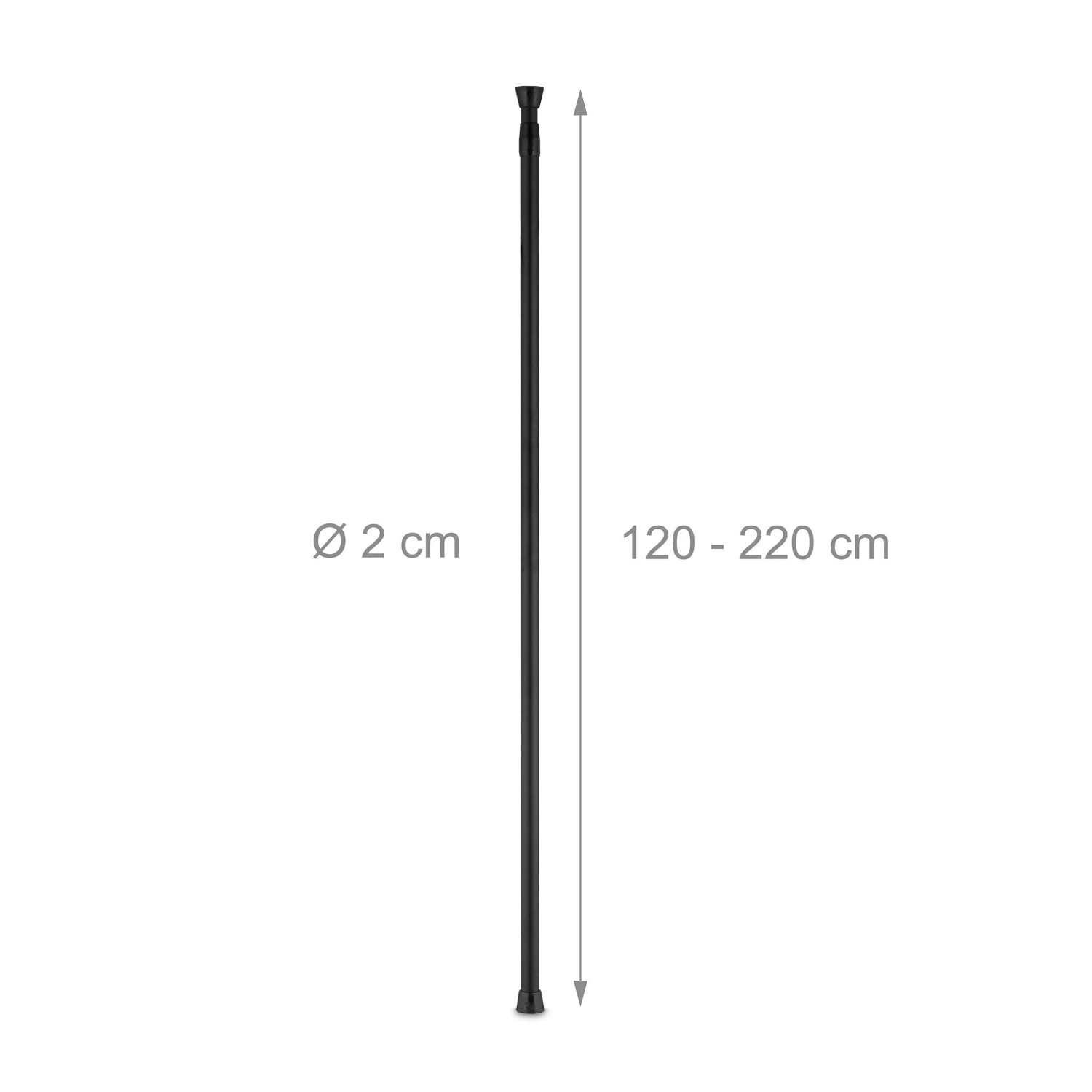 Schwarze Relaxdays Teleskop Duschstange aus Edelstahl, verstellbar von 130 bis 220 cm.