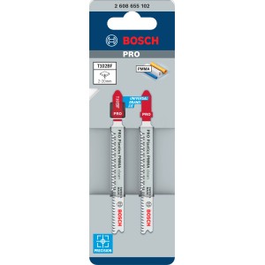 Bosch Stichsägeblätter Plastics PMMA Clean T102BF, 2er-Pack. Geeignet für saubere Schnitte in Acryl und Thermoplasten.