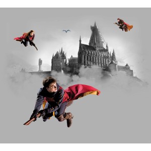 Sanders & Sanders Fototapete Harry Potter Hogwarts mit fliegenden Figuren vor grauem Schloss.