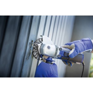 LUX Stahl-Scheibenbürste Ø 115 mm im Einsatz an einer Schleifmaschine.