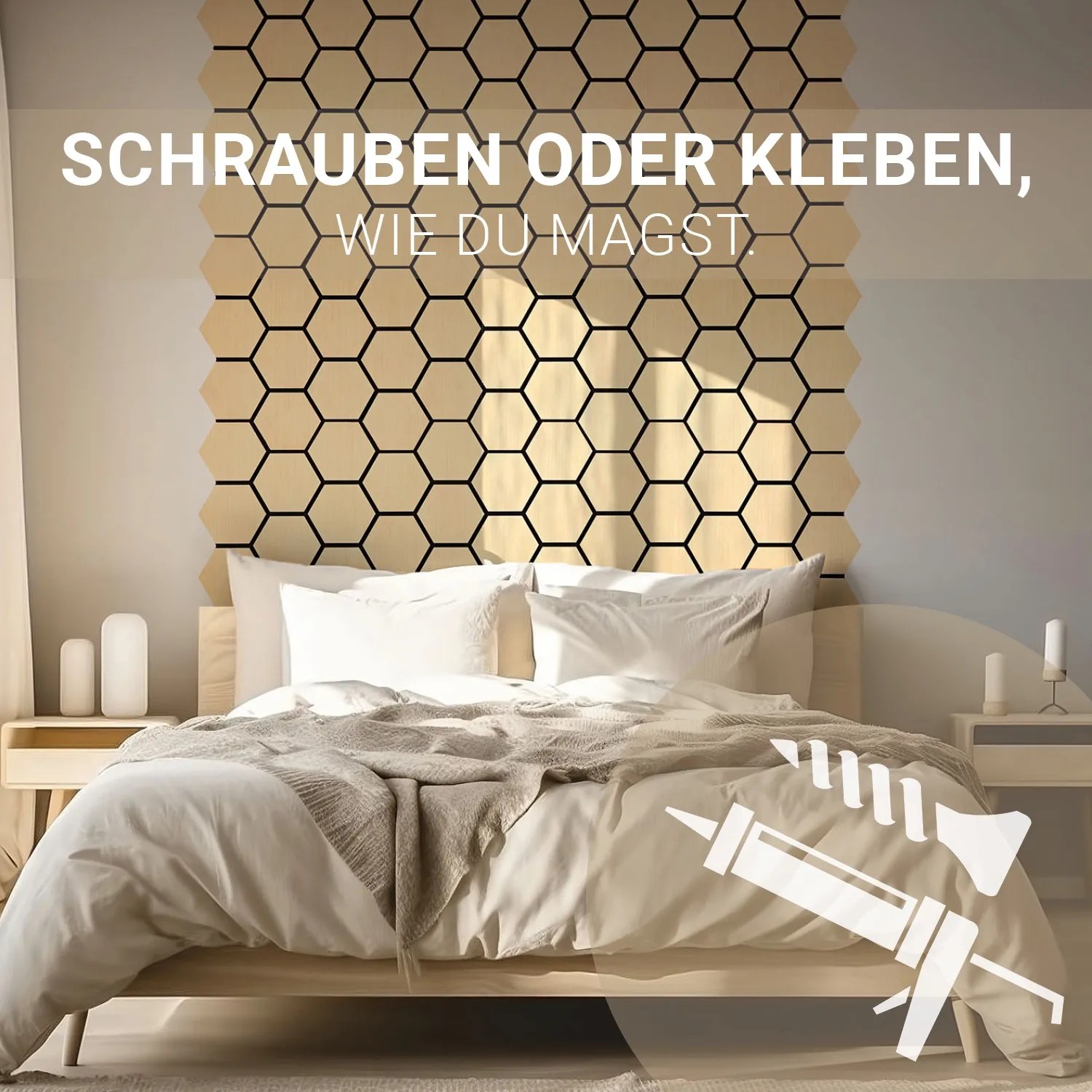 Homestyle4u Akustikpaneele Holz Hexagon Natur als Wandgestaltung im Schlafzimmer.