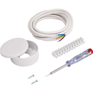 4-teiliges Lampenanschluss-Set mit Verteilerbaldachin, Lüsterklemme, Schlauchleitung und Phasenprüfer.