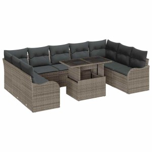 Graues 10-teiliges vidaXL Garten-Sofa-Set aus Poly Rattan mit Tisch und Kissen.