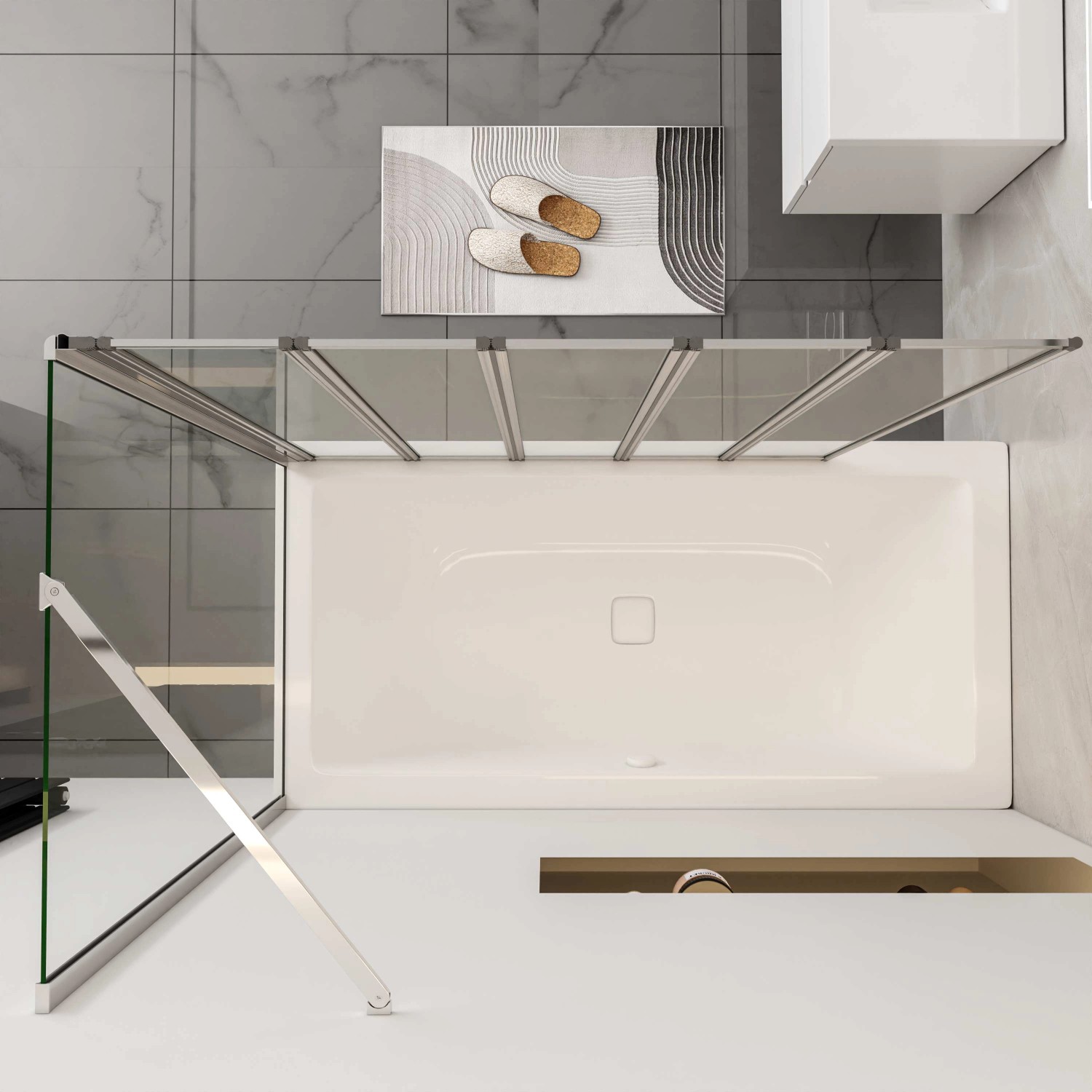 AICA 5-teilige Duschtrennwand als Faltwand/Badewannenaufsatz, Chromoptik.