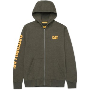 Olivgrüner Cat Zip Hoodie Banner, Arbeitskleidung mit Reißverschluss und Logo-Details.