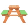 Kinder-Picknicktisch aus Tannenholz mit grünen Sitzkissen für den Garten.