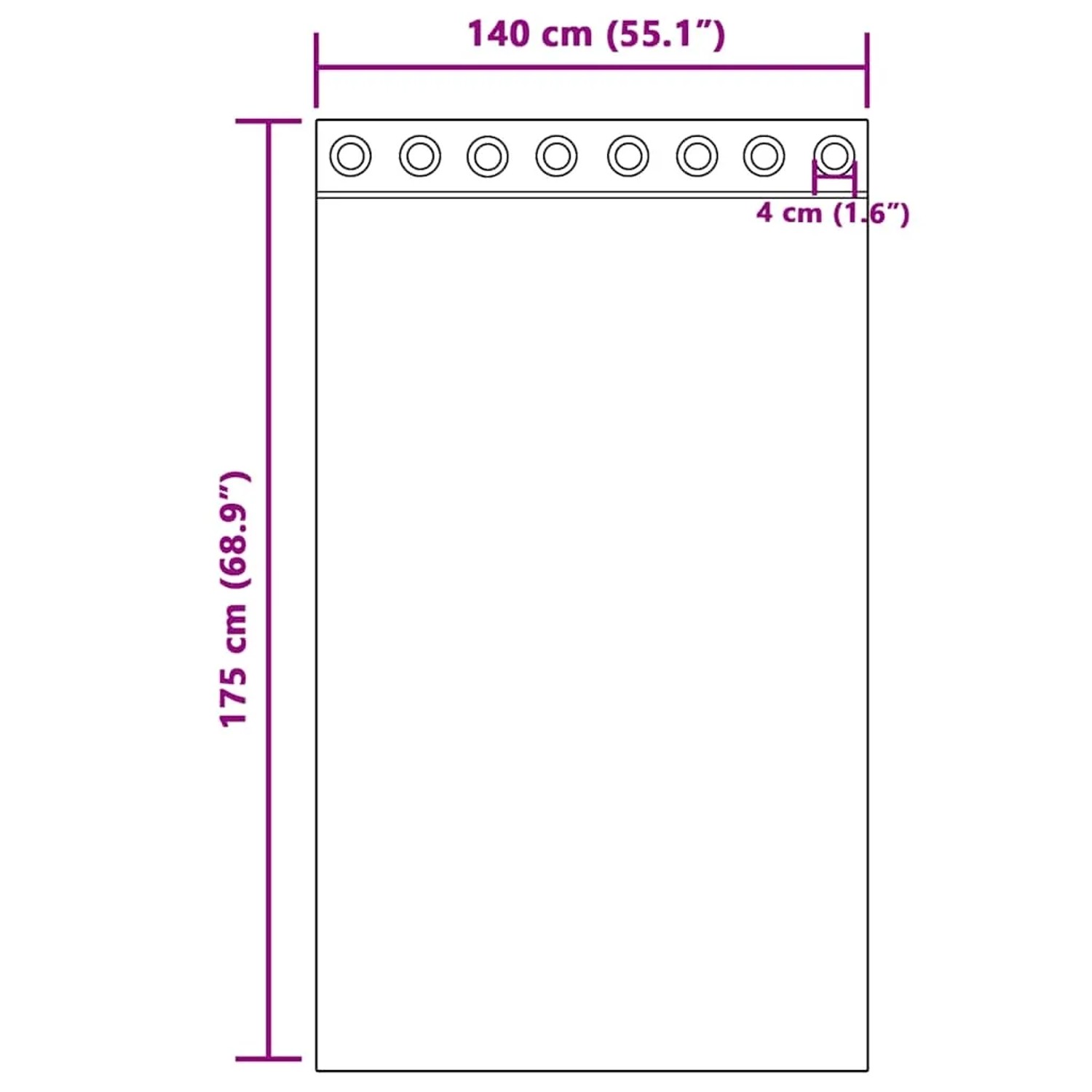 Maßzeichnung eines Voile Vorhangs mit 8 Ösen: 140x175 cm, Ösen-Ø 4 cm. Ideal für Fenstervorhänge.