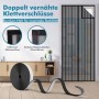 Schwarzes Sekey Fliegengitter für Balkontür mit Magnetverschluss. Doppelt vernähte Klettbefestigung, einfache Montage ohne Bohren.