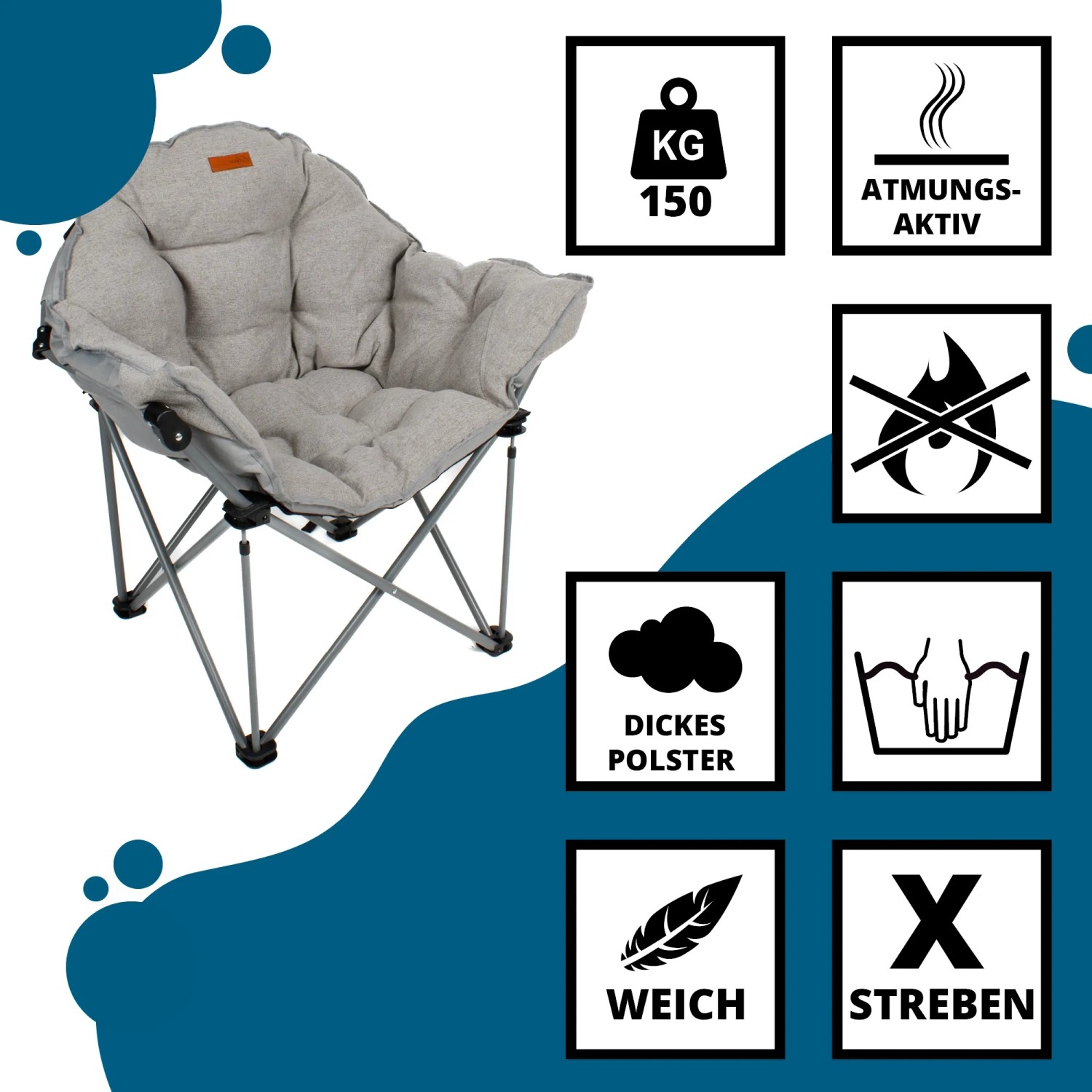 Grauer Eclipse Campingstuhl Atlas, Faltstuhl mit Polsterung und Tragetasche.