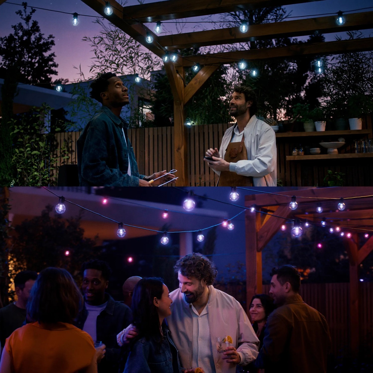 Philips Hue Festavia Globe Lichterkette (7 m) im Einsatz auf einer Gartenparty.