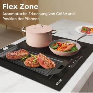 CIARRA Induktionskochfeld 60cm mit Speisen in Töpfen und Pfannen auf dem Kochfeld.