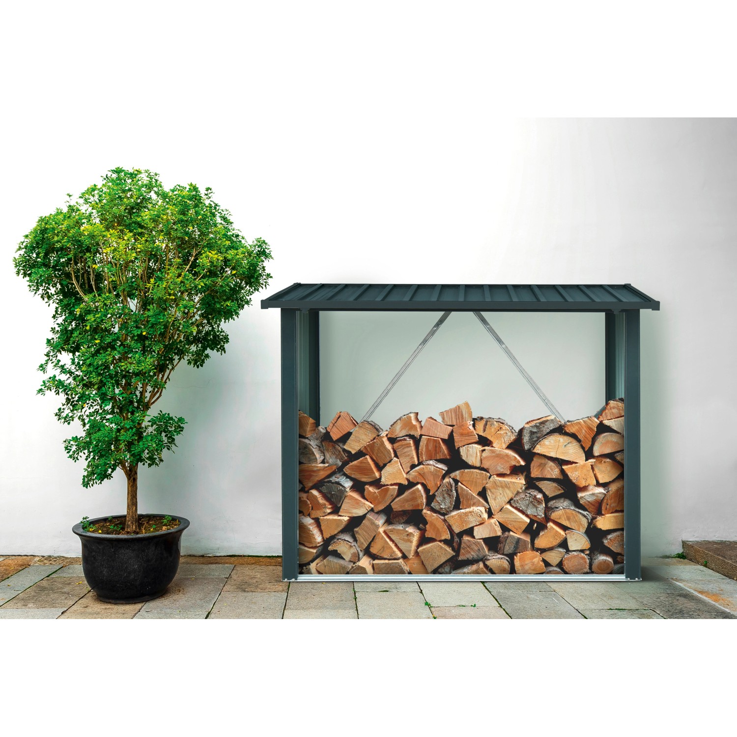 Floraworld Kaminholzregal L, anthrazit, mit Holz gefüllt. Ideal zur Lagerung von Brennholz.