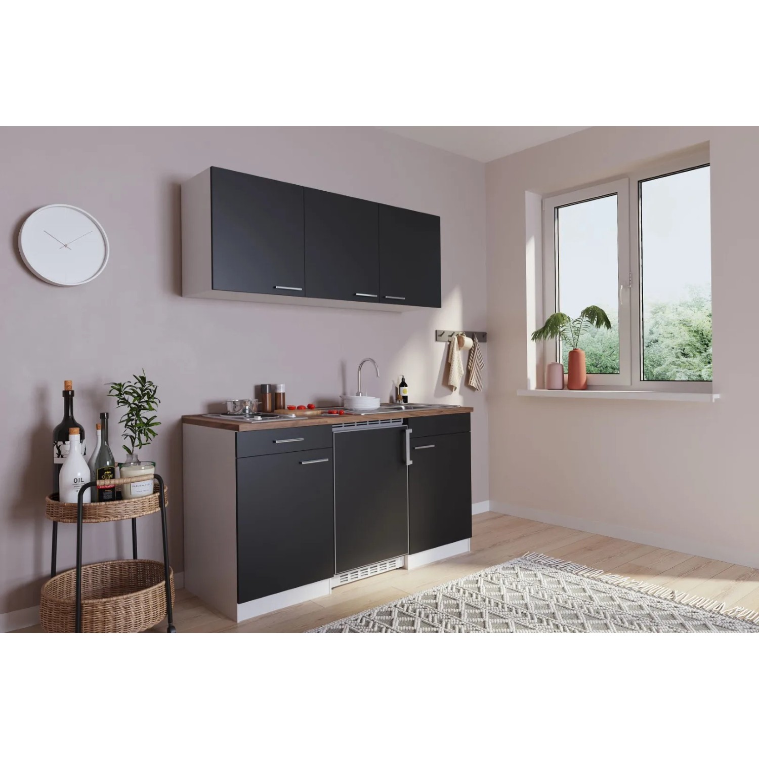 Respekta Küchenzeile KB150WS, 150 cm, Schwarz-Weiß, mit Spüle, Kochfeld und Kühlschrank.