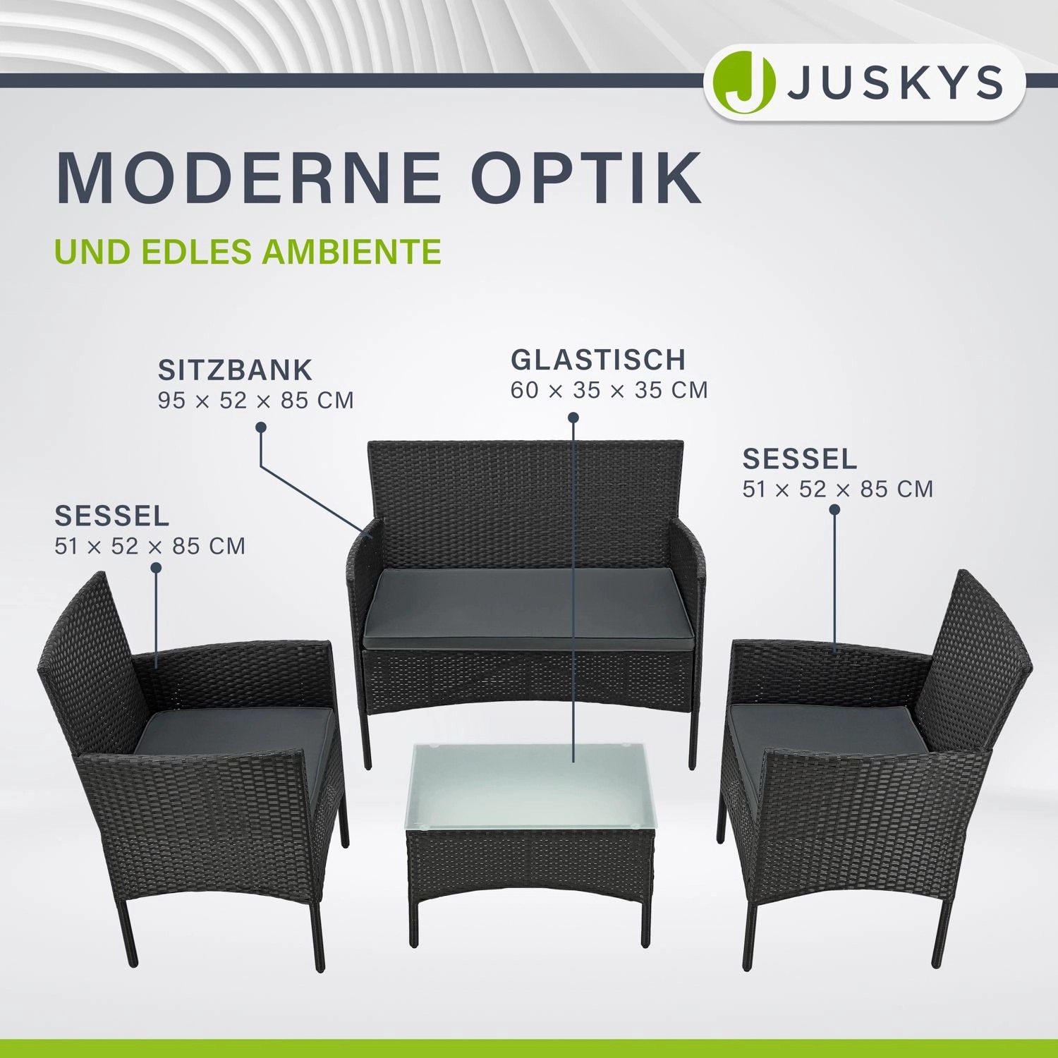 Juskys Polyrattan Sitzgruppe Fort Myers, 4-teilig mit Tisch und grauen Bezügen.
