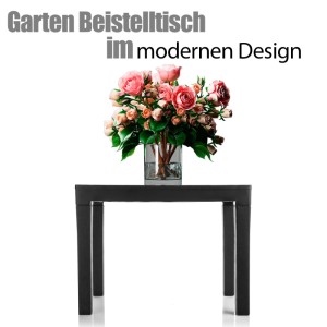 Schwarzer Garten Beistelltisch aus Kunststoff mit Rosenstrauß. Wetterfester Klapptisch für Outdoor, Camping, Balkon im modernen Design.