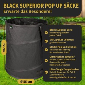 TTL GARDEN Pop Up Laubsack BLACK SUPERIOR 170 L 1er Set – Gartensack Schwarz 260 g/qm Selbststehend