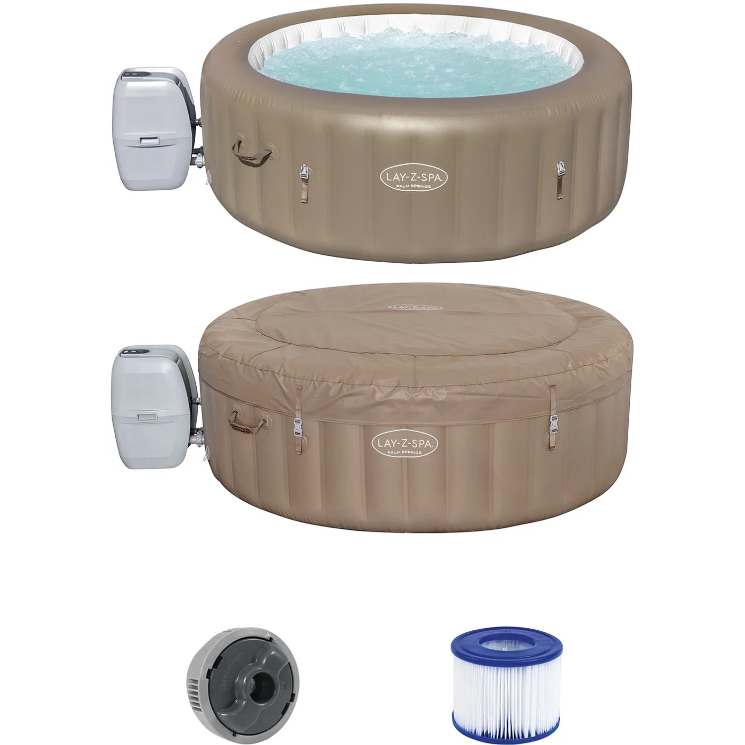 Bestway Lay-Z-Spa Palm Springs: Aufblasbarer Whirlpool, offen und geschlossen, mit Pumpe und Filter.