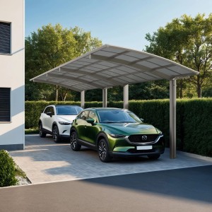 Ximax Carport Portoforte-80 Tandem im Edelstahl-Look mit zwei geparkten Autos.