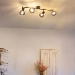Schwarze Art-Deco-Deckenleuchte Vidro mit 4 Rauchglas-Lampen für Wohnräume.