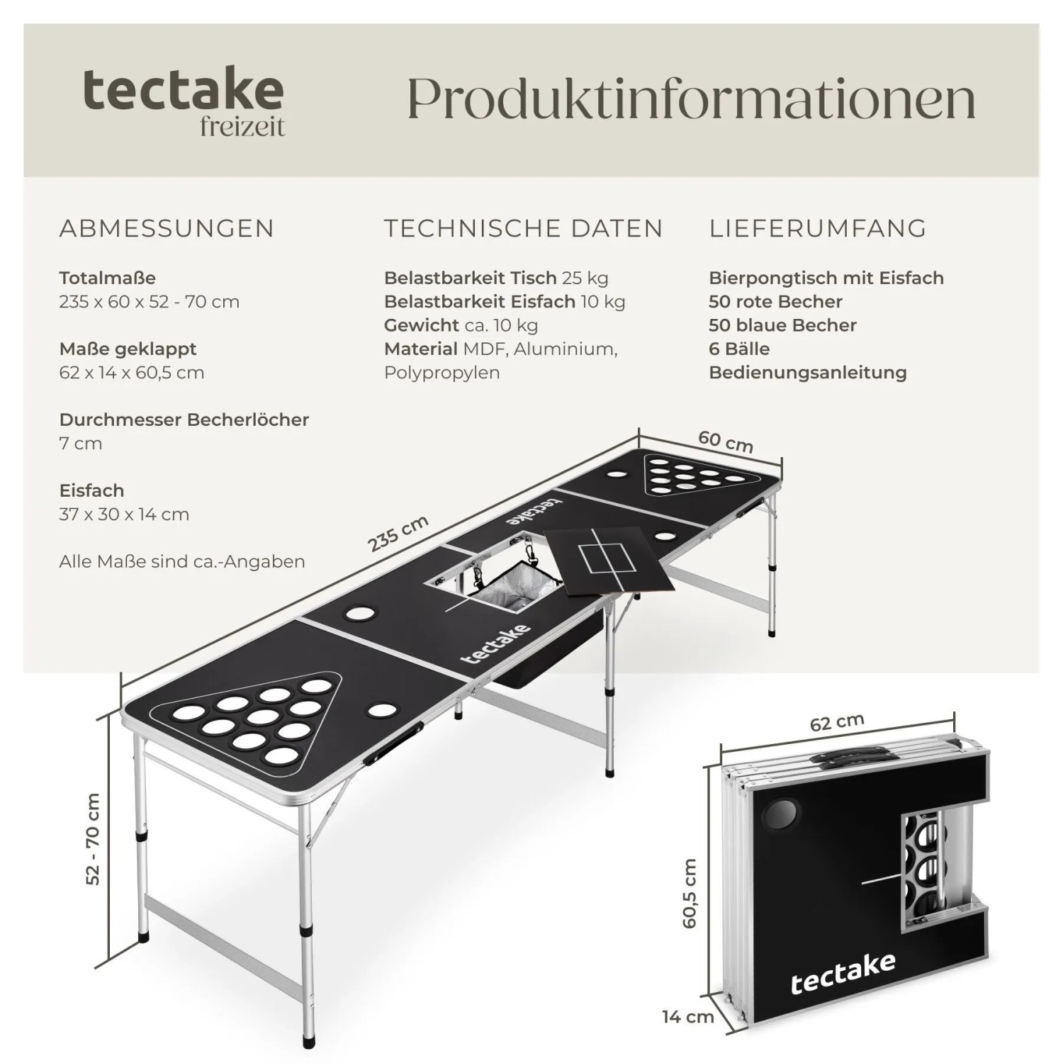 Tectake Bierpongtisch mit Eisfach, klappbar und höhenverstellbar, mit Bechern und Bällen.