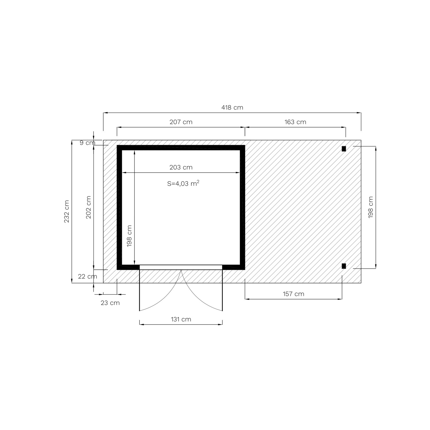 Grundriss Bertilo Gerätehaus Pent Modern 3 Plus: Maße und Details des Weekendhauses.