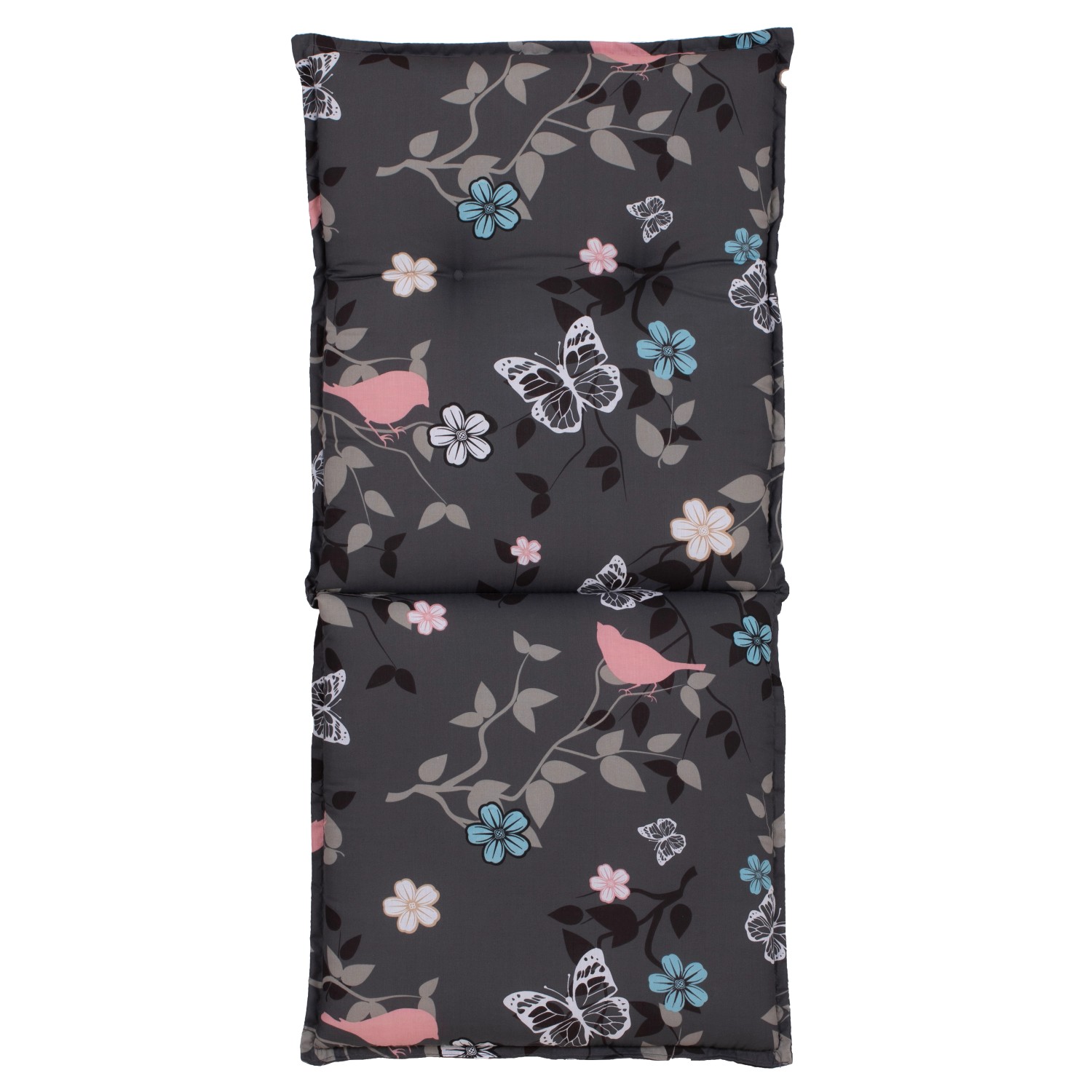 Graue Saumauflage für Niedriglehner Gartenstühle mit Blumen- und Vogelmuster.